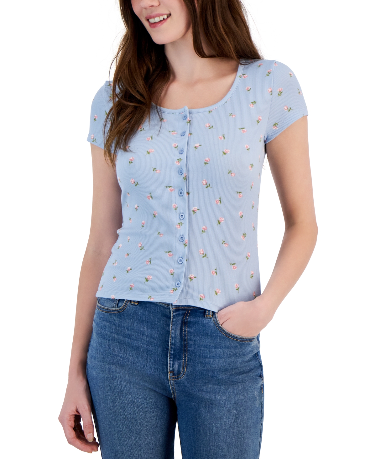 Just Polly Juniors' Printed Button-front T-shirt In Light Blue,pink Ditsy