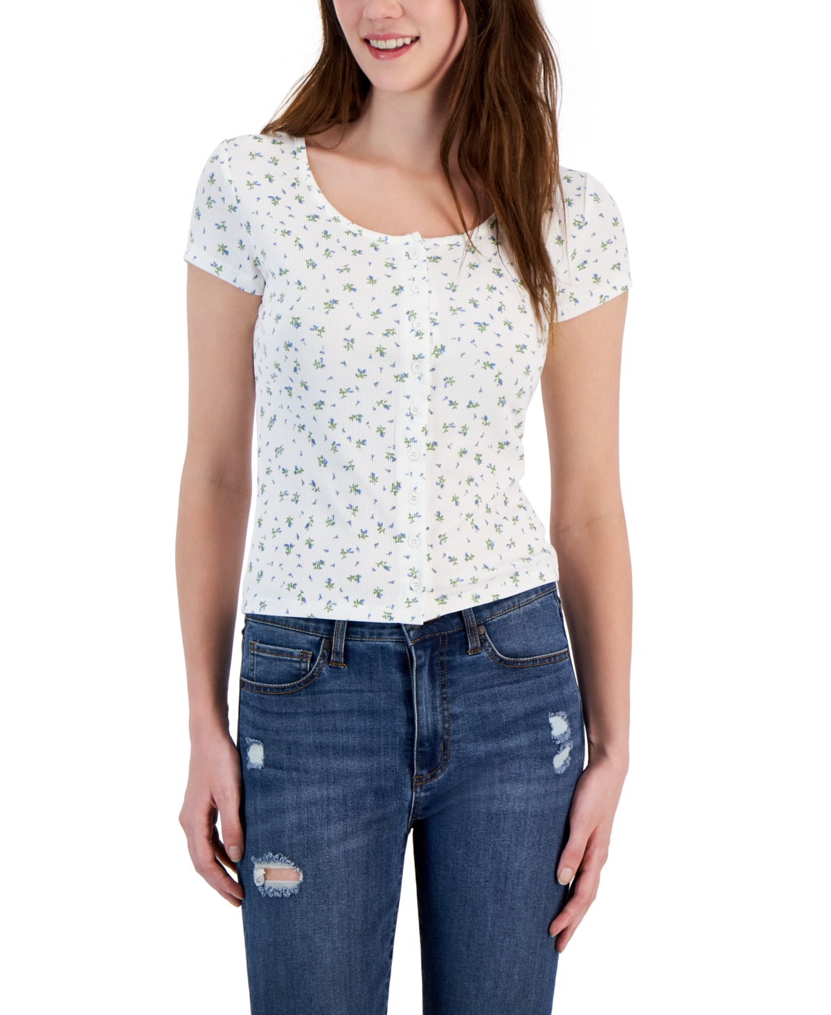 Just Polly Juniors' Printed Button-front T-shirt In Ivory,blue Ditsy