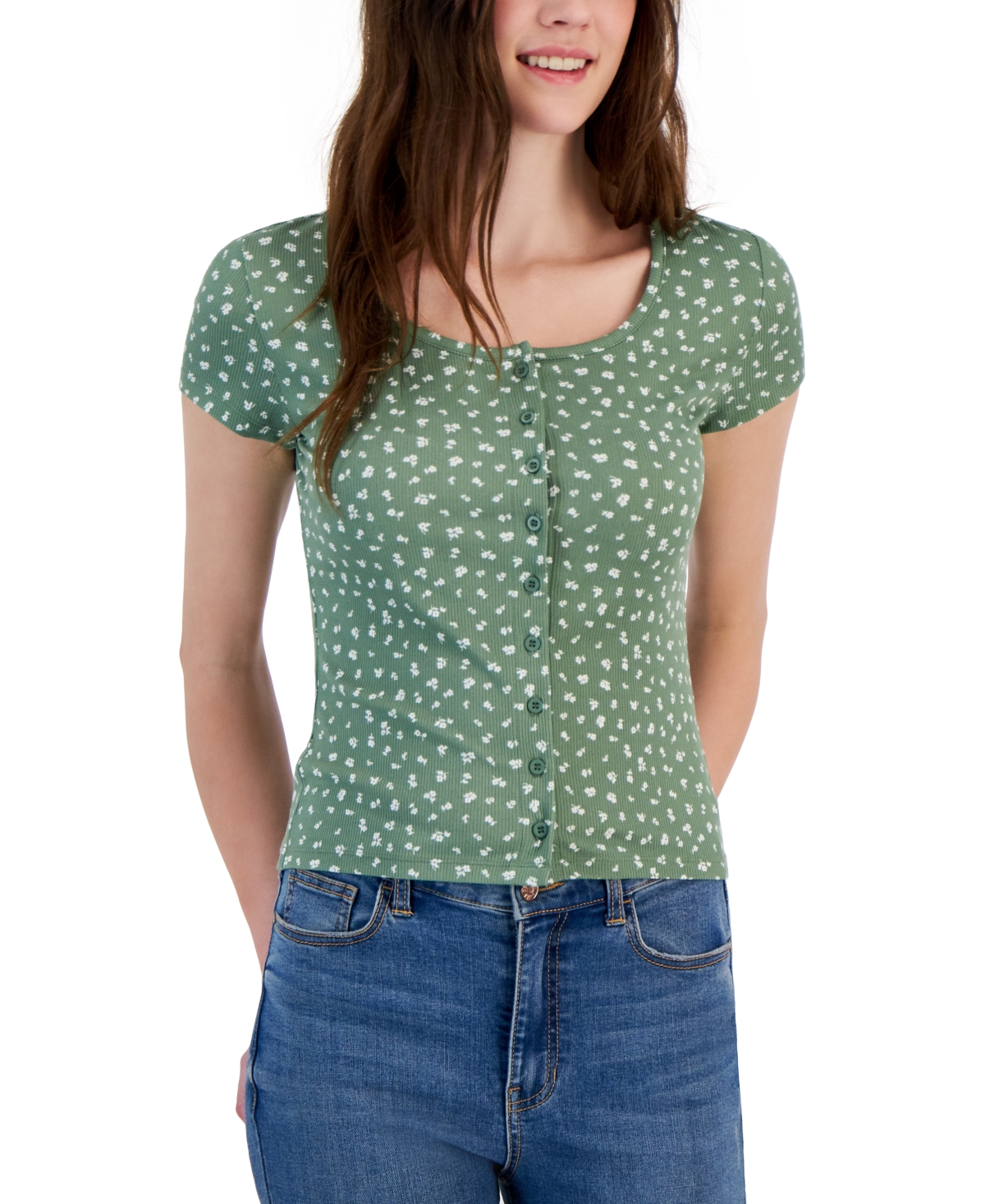 Just Polly Juniors' Printed Button-front T-shirt In Sage,ivory Ditsy