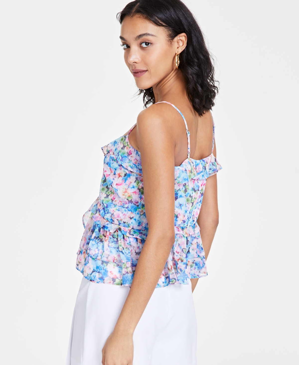 Shop Bar Iii Women's Printed Ruffled Sleeveless Tank Top, Created For Macy's In Lana Floral A