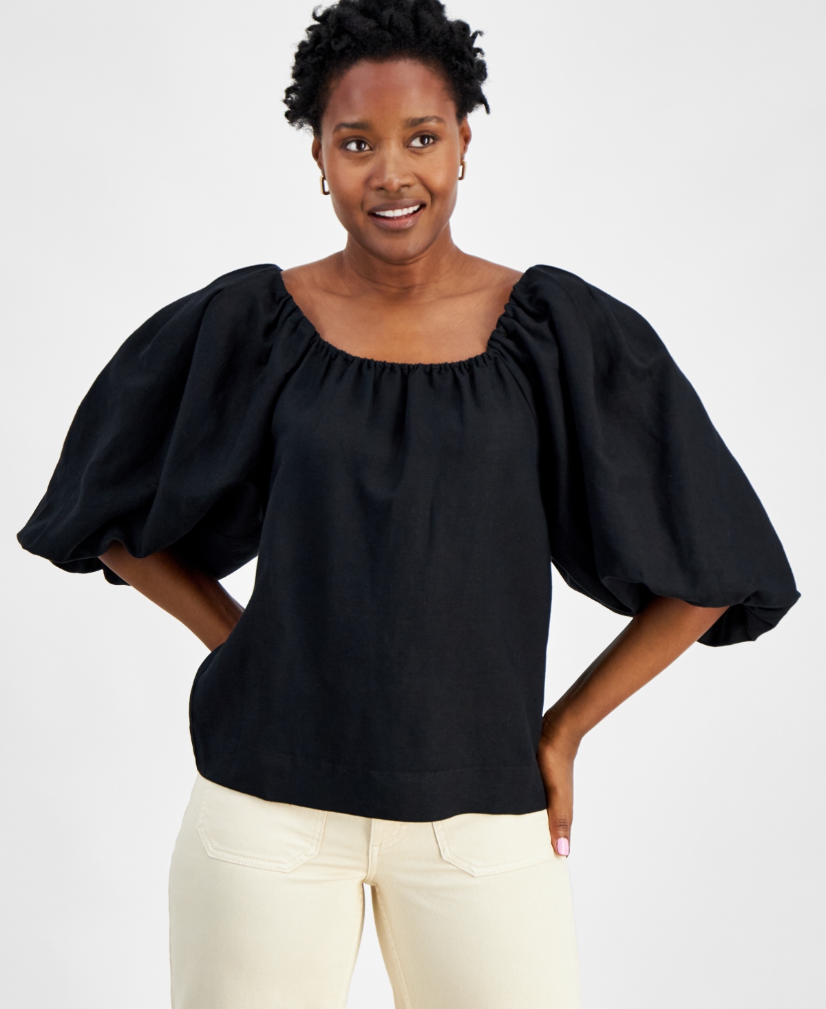 Shop On 34th Women's Balloon-sleeve Top, Created For Macy's In Deep Black