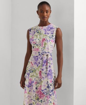 【Lauren Ralph Lauren】Floral Belted Crepe Dress Lauren Ralph Lauren Women's Floral Belted Crepe Dress - Macy's
