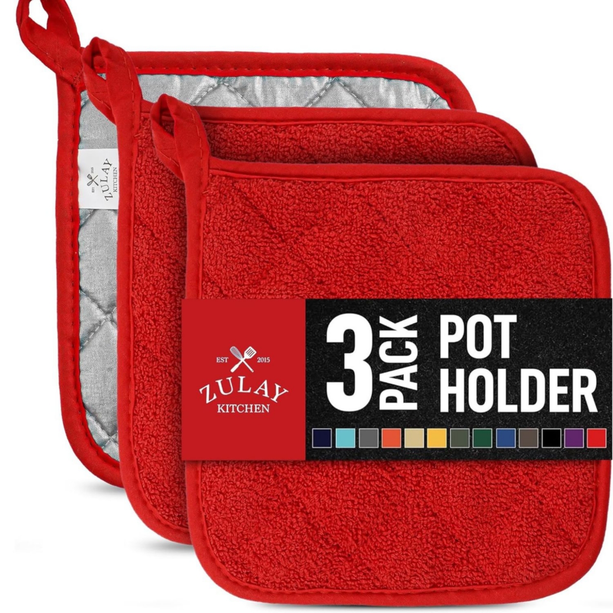Zulay Kitchen 3-Pack Cotton Pot Holders for Kitchen - Heat Resistant, Machine Washable, & Comfortable Grip Oven Hot Pads