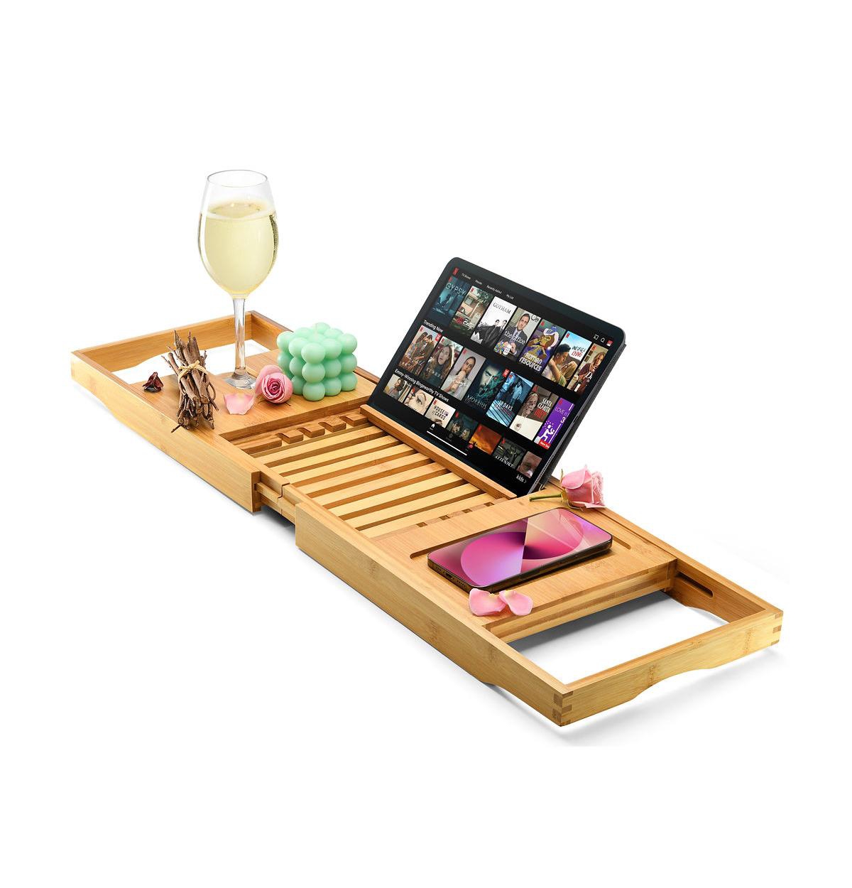 Wooden Bamboo Bathtub Tray Caddy - Foldable Waterproof Bath Tray & Bath Caddy - Beige/khaki