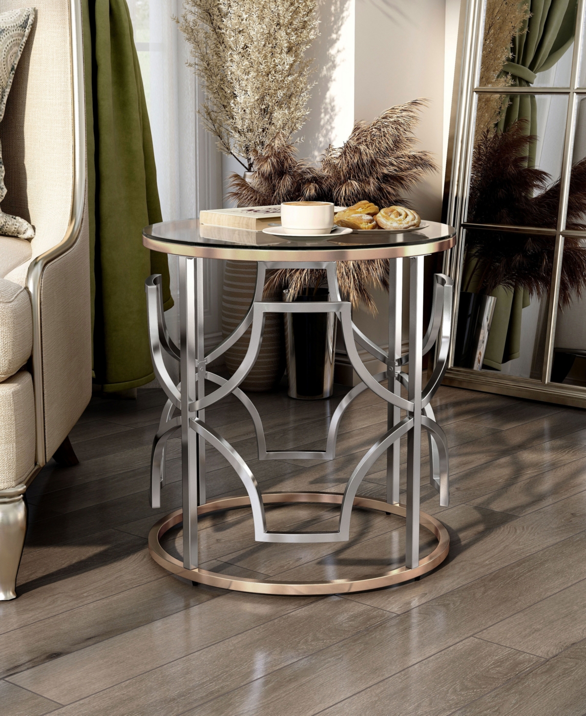 Furniture Of America 23" Metal, Glass Camille Modern Round Glass Top End Table In Chrome And Gold