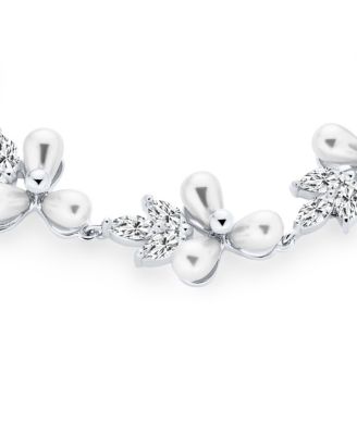 Multi Flowers CZ Leaf White Freshwater Cultured Pearl Bracelet 7 Inch