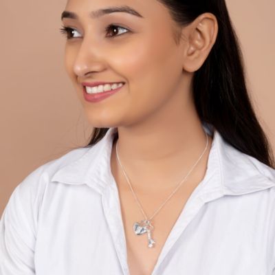 Love Lock And Key Heart CZ Accent Charm Pendant Necklace Sterling Silver