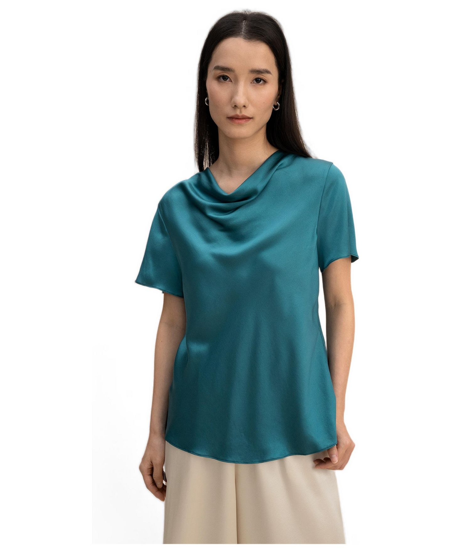 Женская футболка LILYSILK Cowl Neck Short Sleeves Silk, цвет: Синий — фото 3