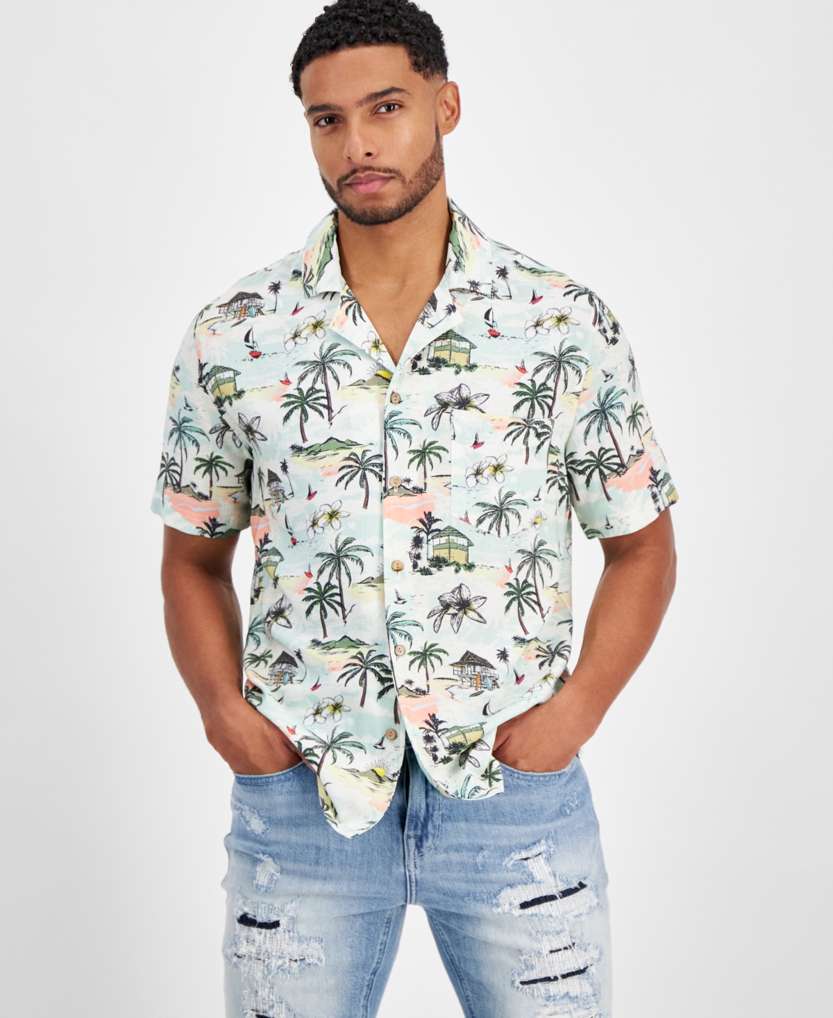 Guess Men's Short Sleeve Palm Print Camp Shirt In Pink Oasis