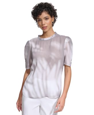 Calvin Klein - Petite Dyed Buttoned-Cuff Pleated-Neck Top