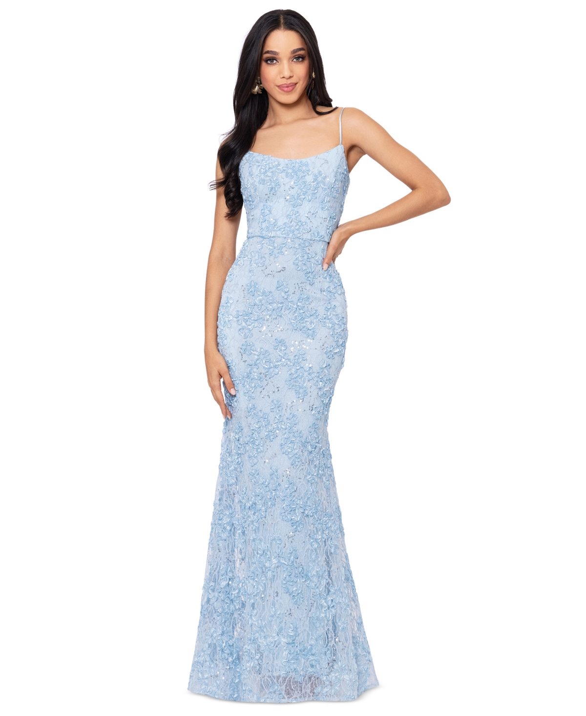 Women's Straight-Neck Sleeveless Lace Gown - Blue