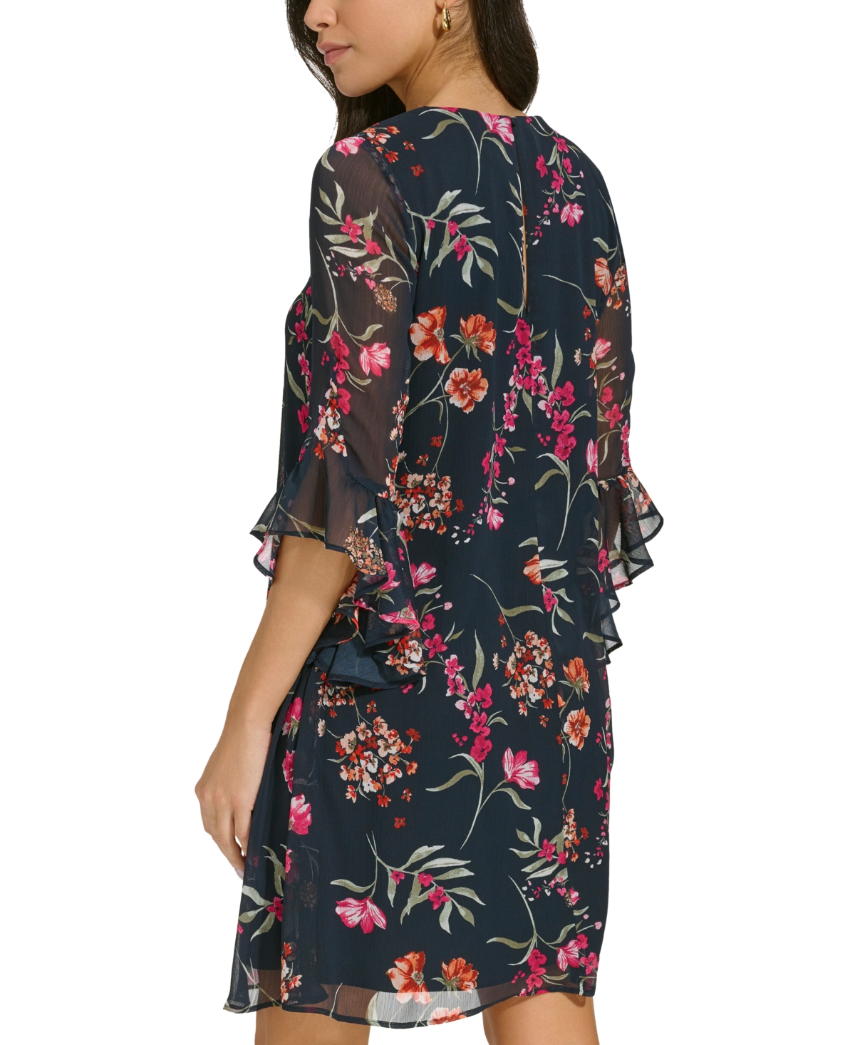 Shop Calvin Klein Women's Printed Chiffon Bell-sleeve Dress In Indigo Multi