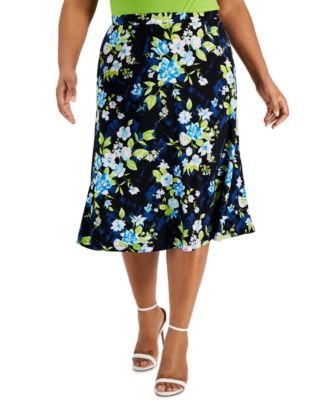 Kasper - Plus Size Floral Flared Pull-On Midi Skirt