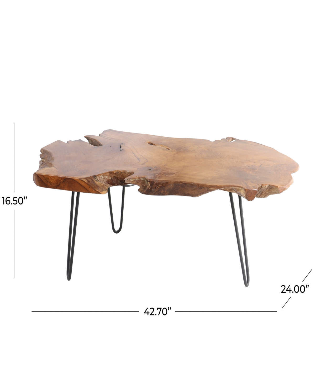 Rosemary Lane 43" X 24" X 17" Teak Wood Handmade Live Edge Black Metal Hairpin Legs Coffee Table In Brown