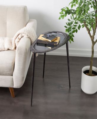 23" x 15" x 23" Aluminum Abstract Oval Shaped Shaded Glass Top and Detailed Engravings Accent Table