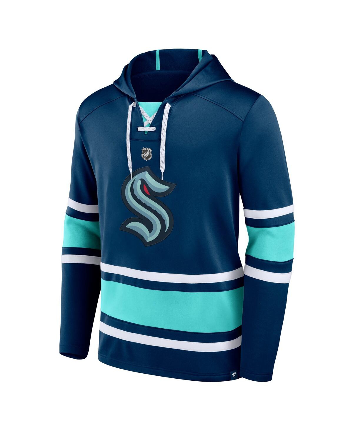 Men's Fanatics Brandon TanevSeattle Kraken Name and Number Lace-Up Pullover Hoodie - Deep Sea Blue