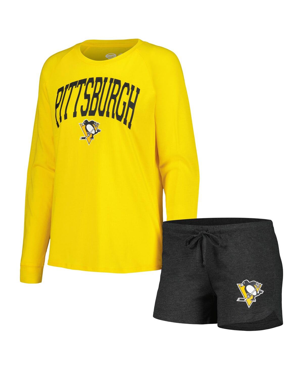 Concepts Sport Women's  Black, Gold Pittsburgh Penguins Meter Knit Long Sleeve Raglan Top And Shorts In Black,gold
