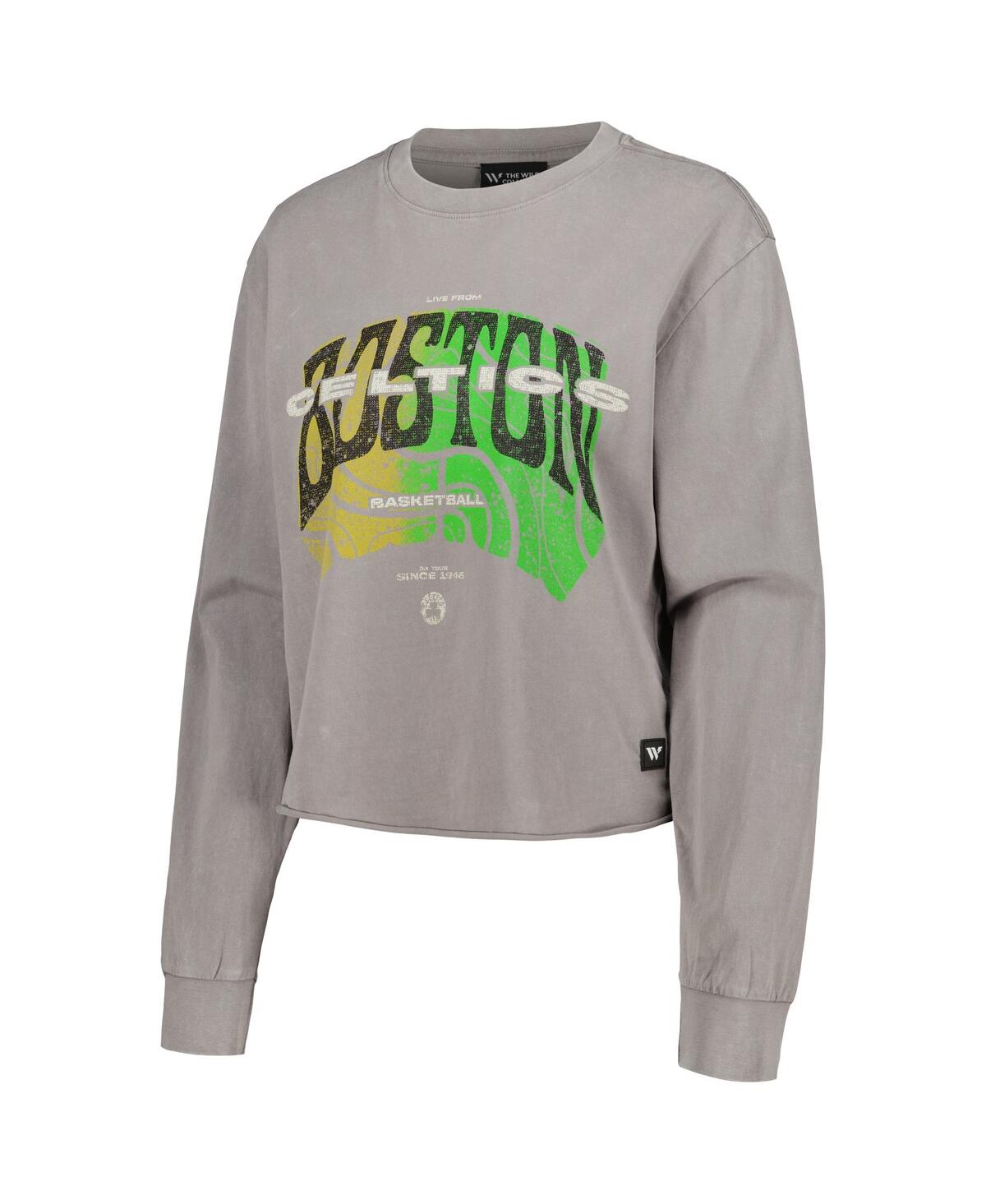 Shop The Wild Collective Women's  Gray Distressed Boston Celtics Band Cropped Long Sleeve T-shirt