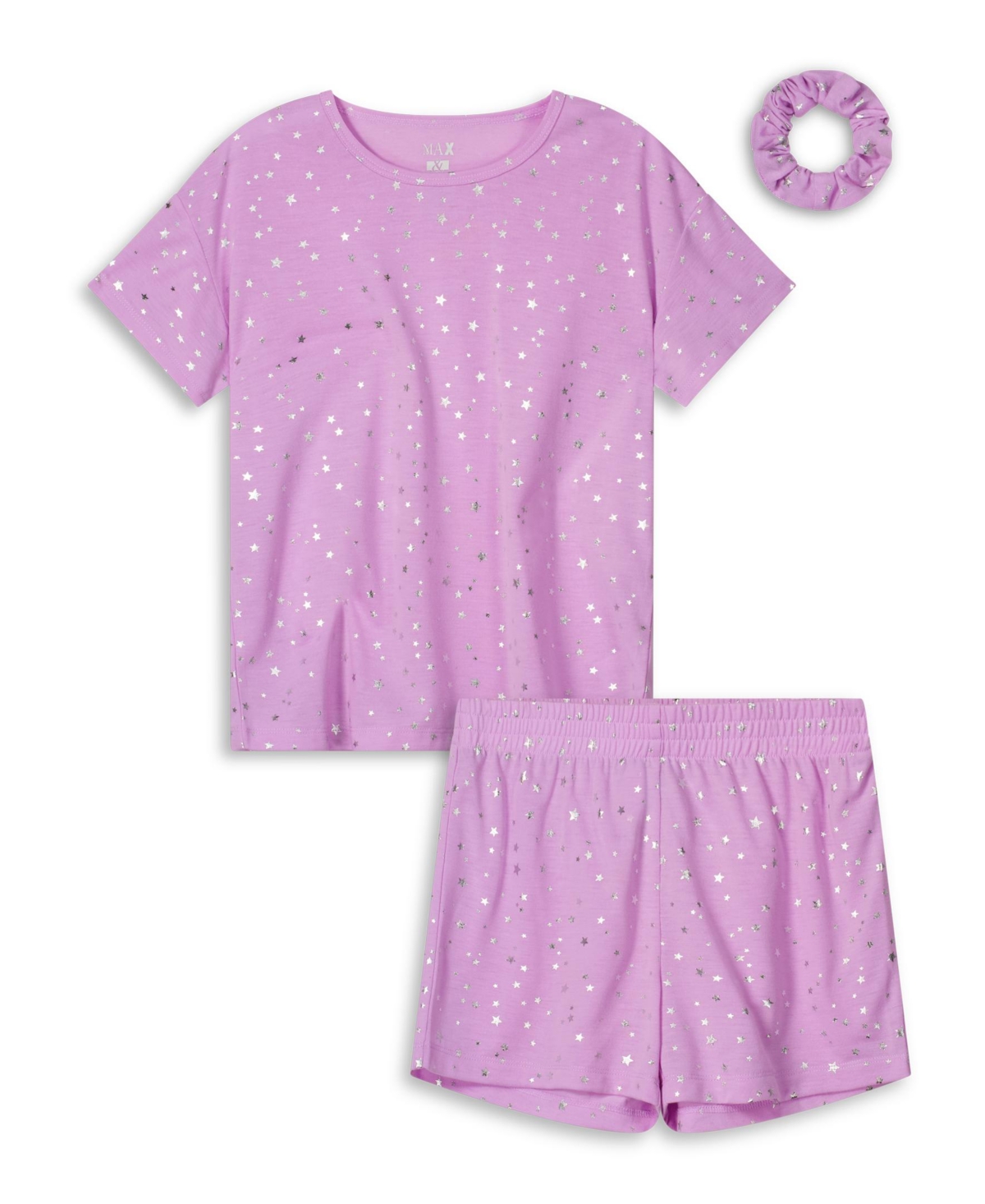 Shop Max & Olivia Girls Soft Jersey Fabric Shorts Pajama Set With Scrunchie, 3 Piece In Purple