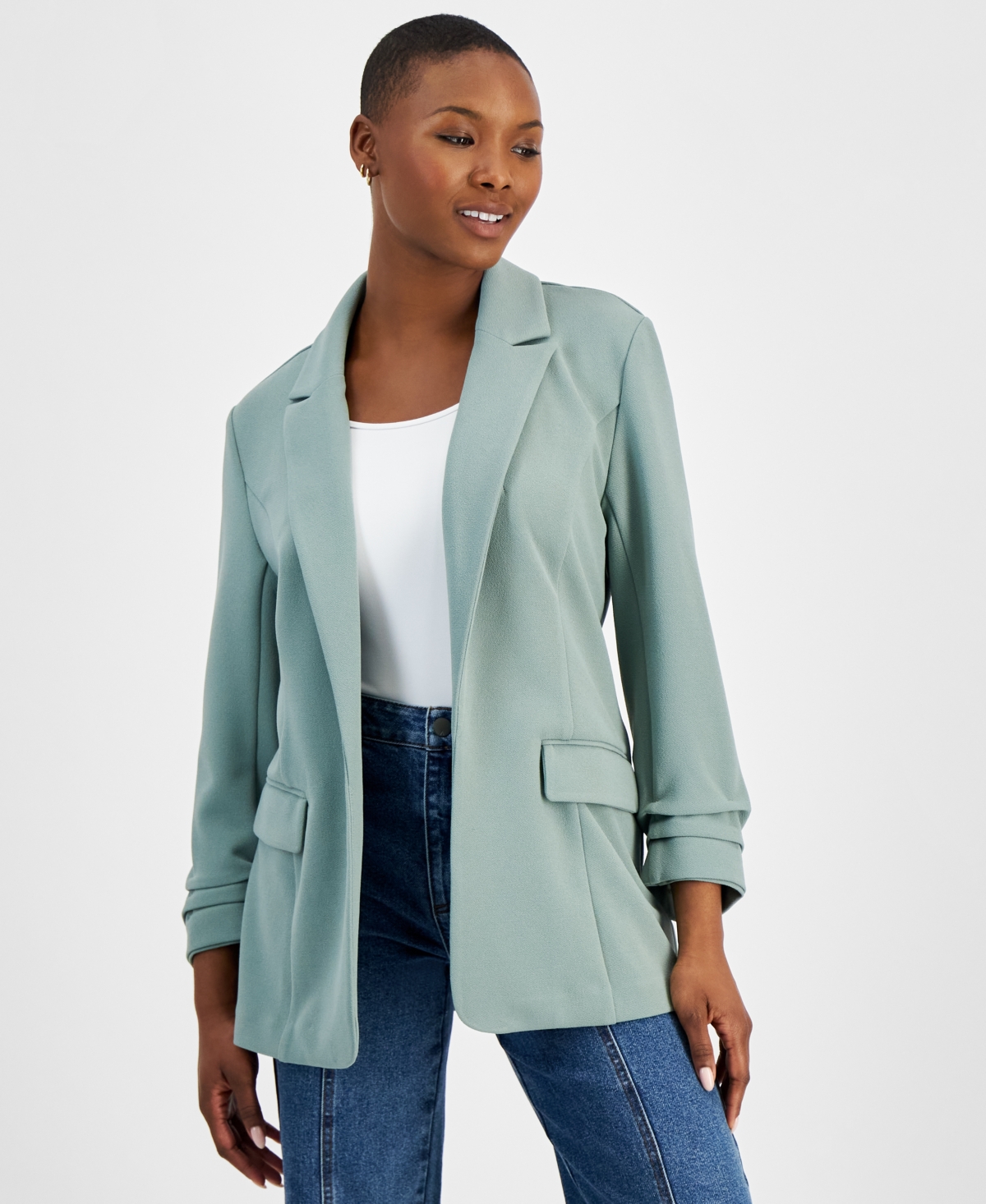 Bar Iii Petite Solid Notched-collar Ruched-sleeve Blazer, Created For Macy's In Everglade Green