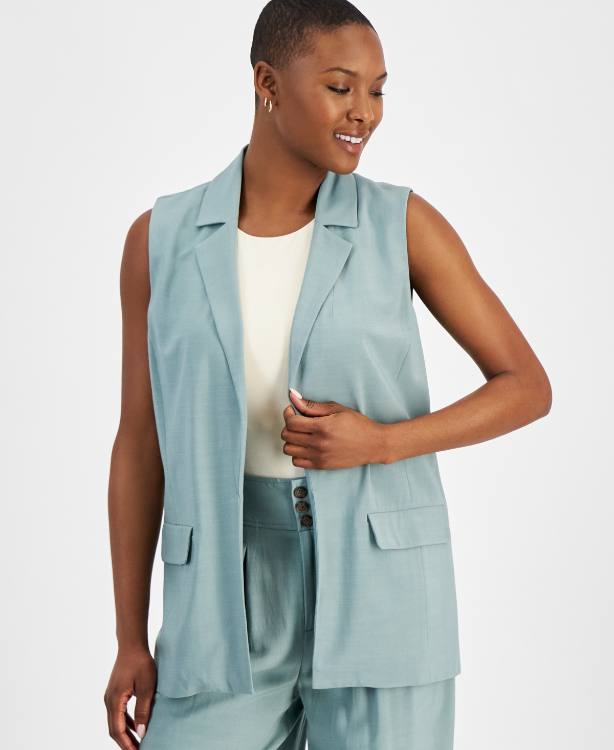 Shop Bar Iii Petite Open-front Long Vest, Created For Macy's In Everglade Green