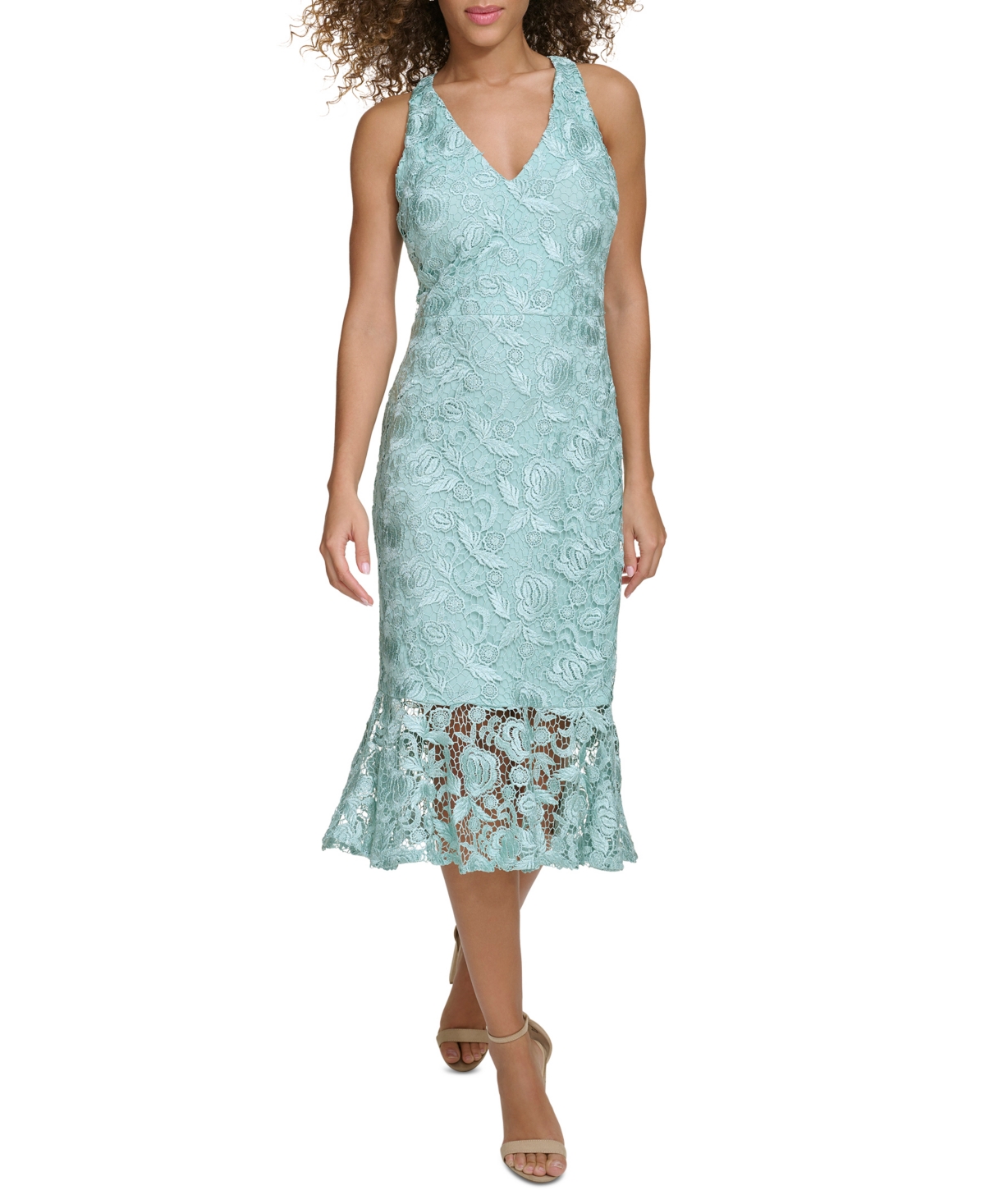 Women's Floral-Lace Flounce-Hem Midi Dress - Mint