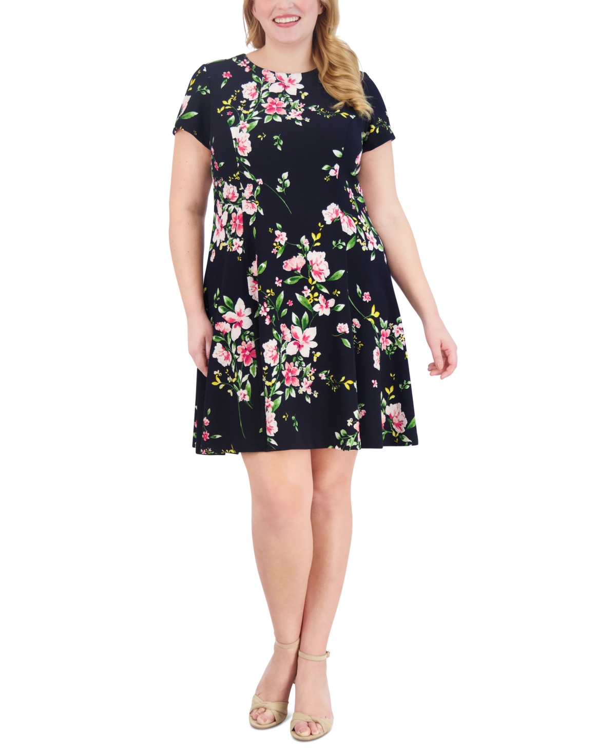 Plus Size Printed Jewel-Neck Fit & Flare Dress - Navy/Yellow
