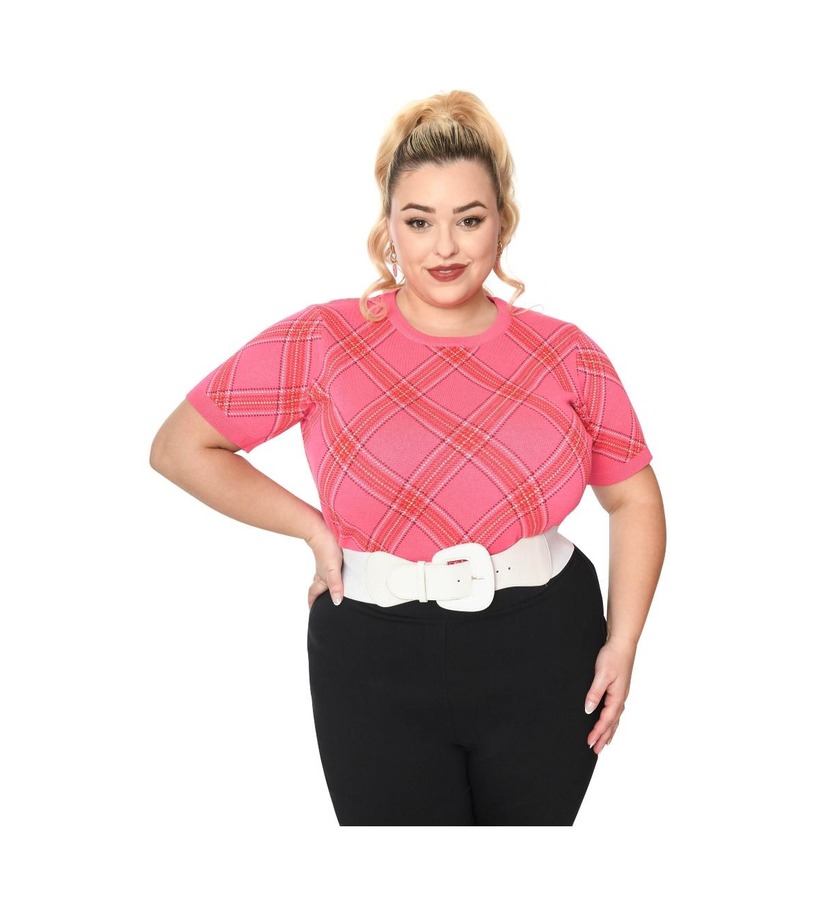 Plus Size Patterned Short Sleeve Sweater - Hot pink/red/white bias plaid