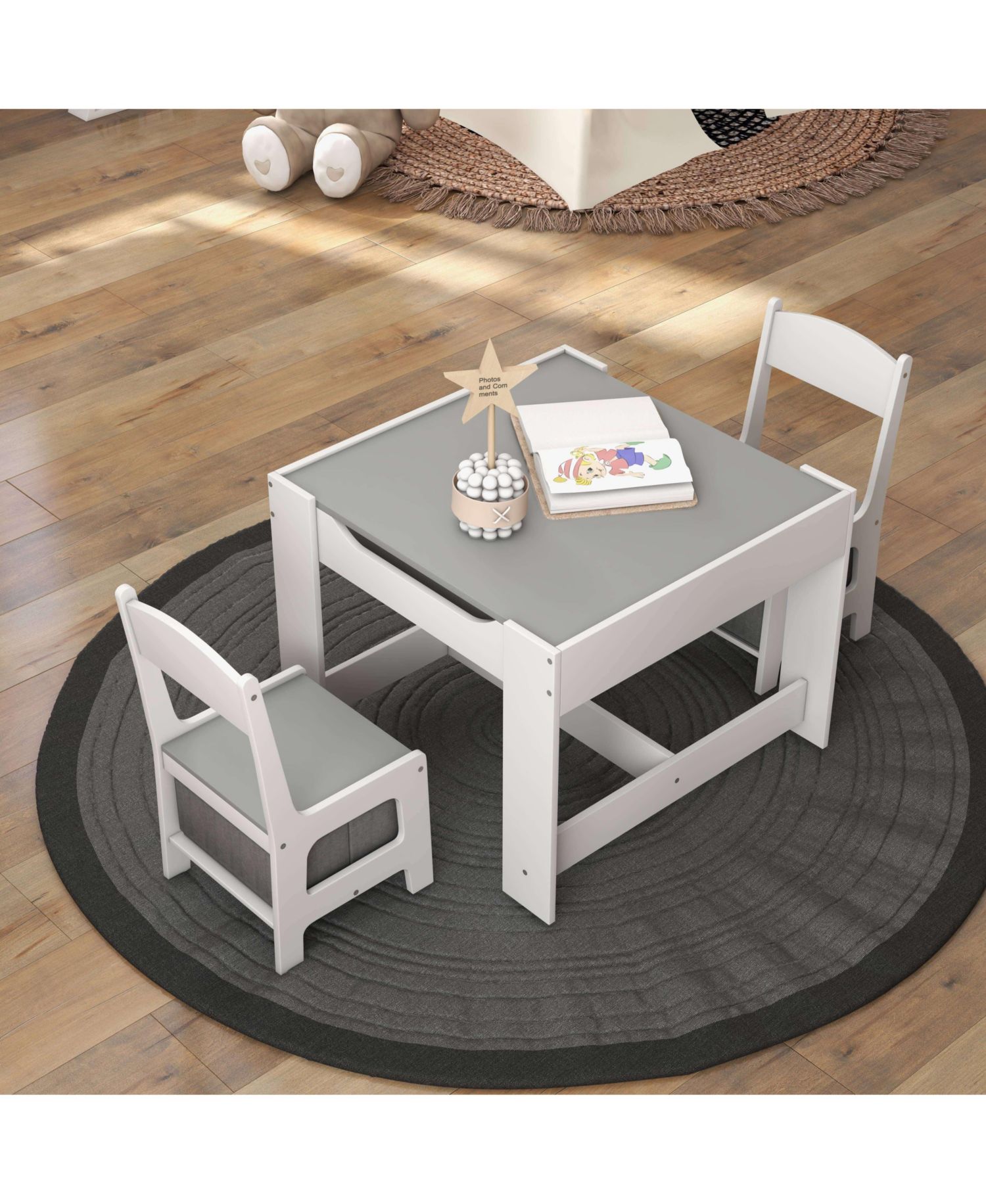 Kids Table Chairs Set With Storage Boxes Blackboard Whiteboard Drawing