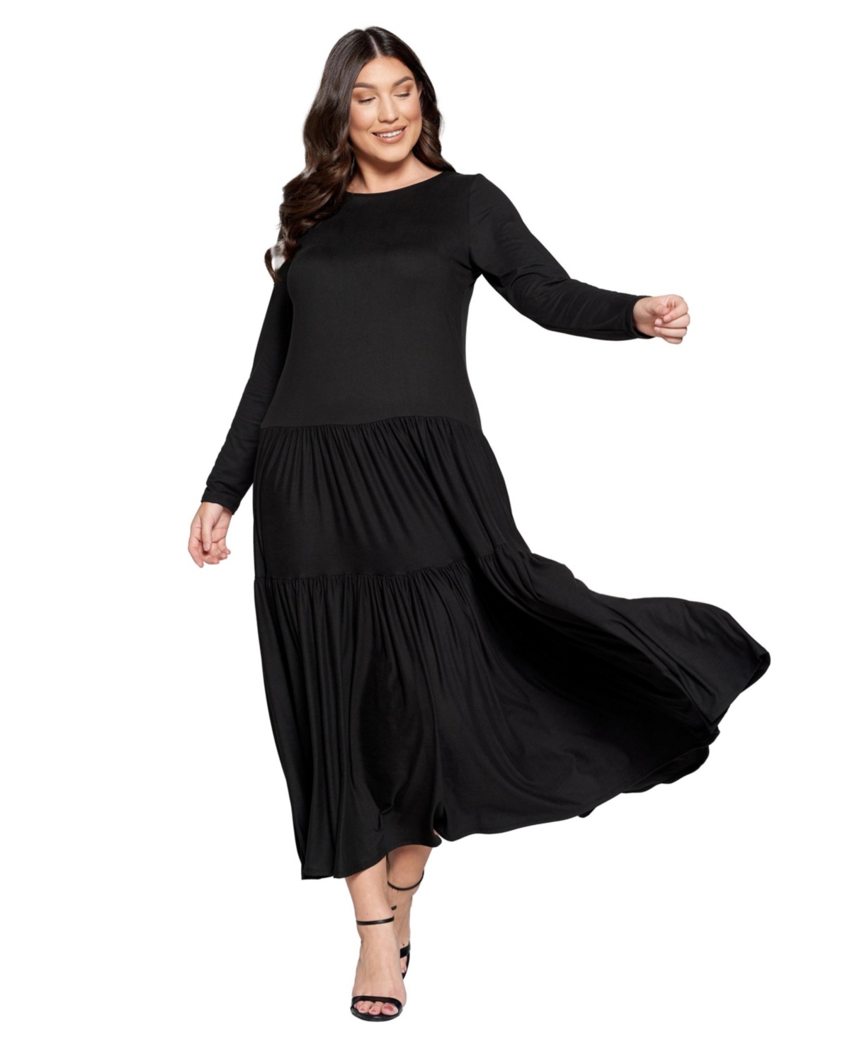 Plus Size Tiered Maxi Dress with Long Sleeves - Green