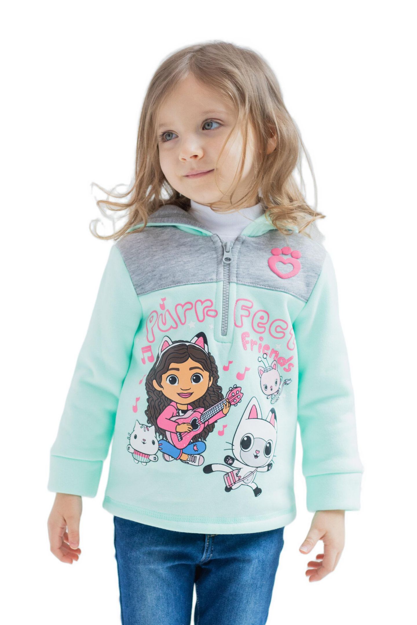Худи Gabby's Dollhouse Dreamworks Gabbys Dollhouse Kitty Fairy Cakey Cat Gabby Fleece Half Zip для девочек-малышей, цвет: Мятный серый — фото 2