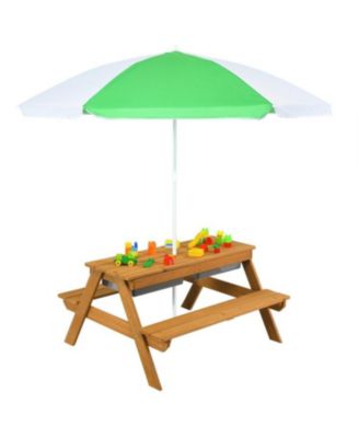3-in-1 Kids Outdoor Picnic Water Sand Table with Umbrella Play Boxes