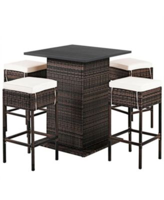 5 Pieces Patio Rattan Bar Table Stool Set Hidden Storage Shelf Cushioned