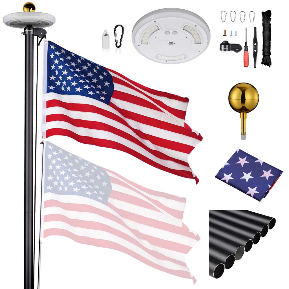 25 Ft Sectional Aluminum Flag Pole Kit with 111 Led Solar Light Us Flag Outdoor