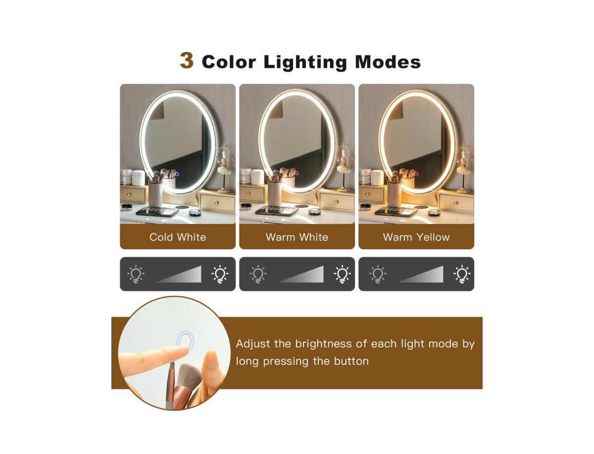 Vanity Table Set with 3-Color Lighted Dimmable Mirror
