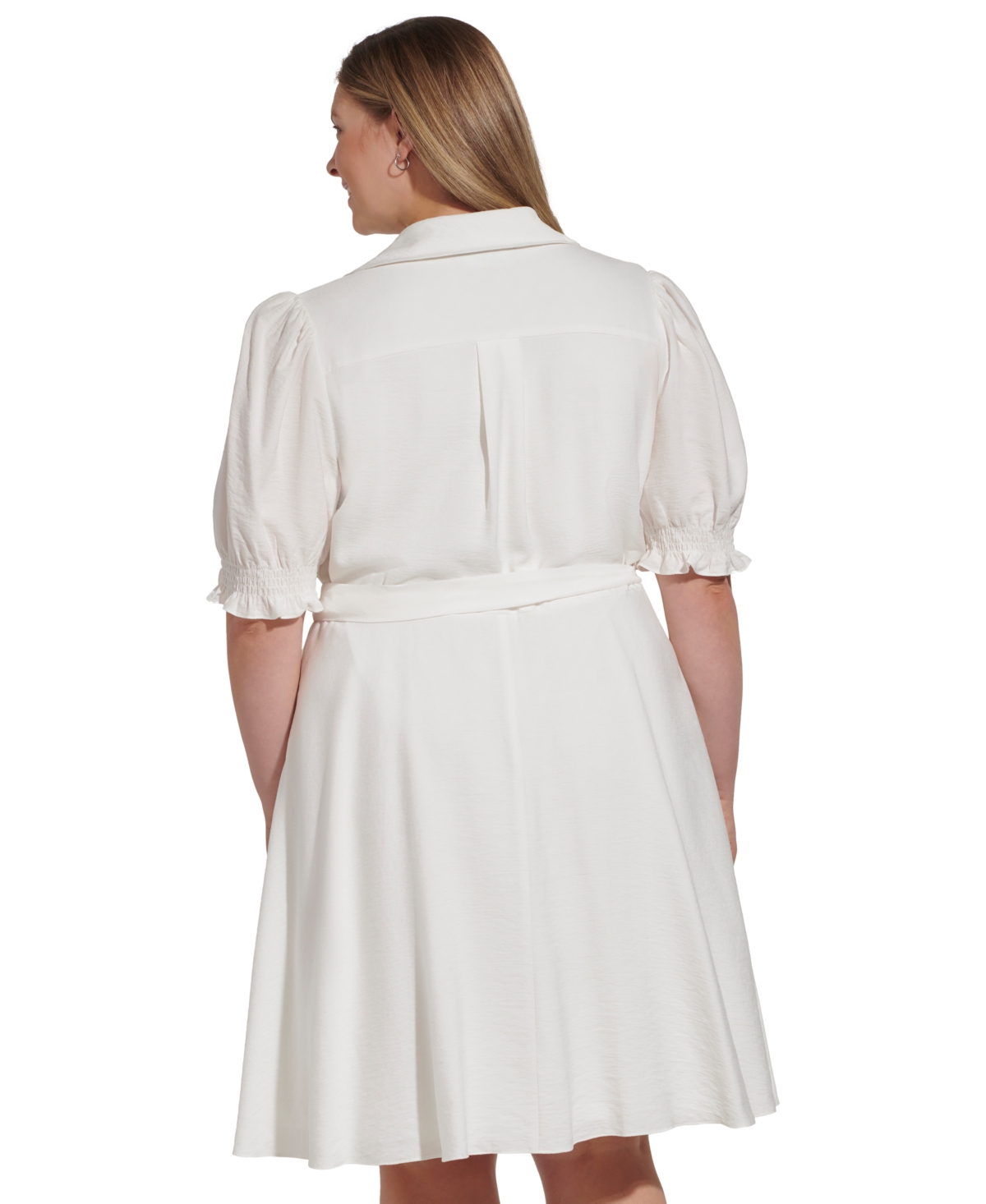 Shop Dkny Plus Size Puff-sleeve Tie-waist Fit & Flare In Cream