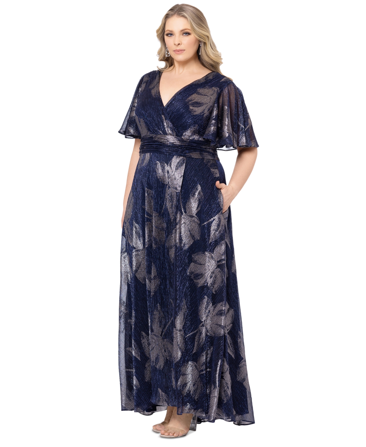Betsy & Adam Plus Size Metallic-print A-line Dress In Navy,gunmetal