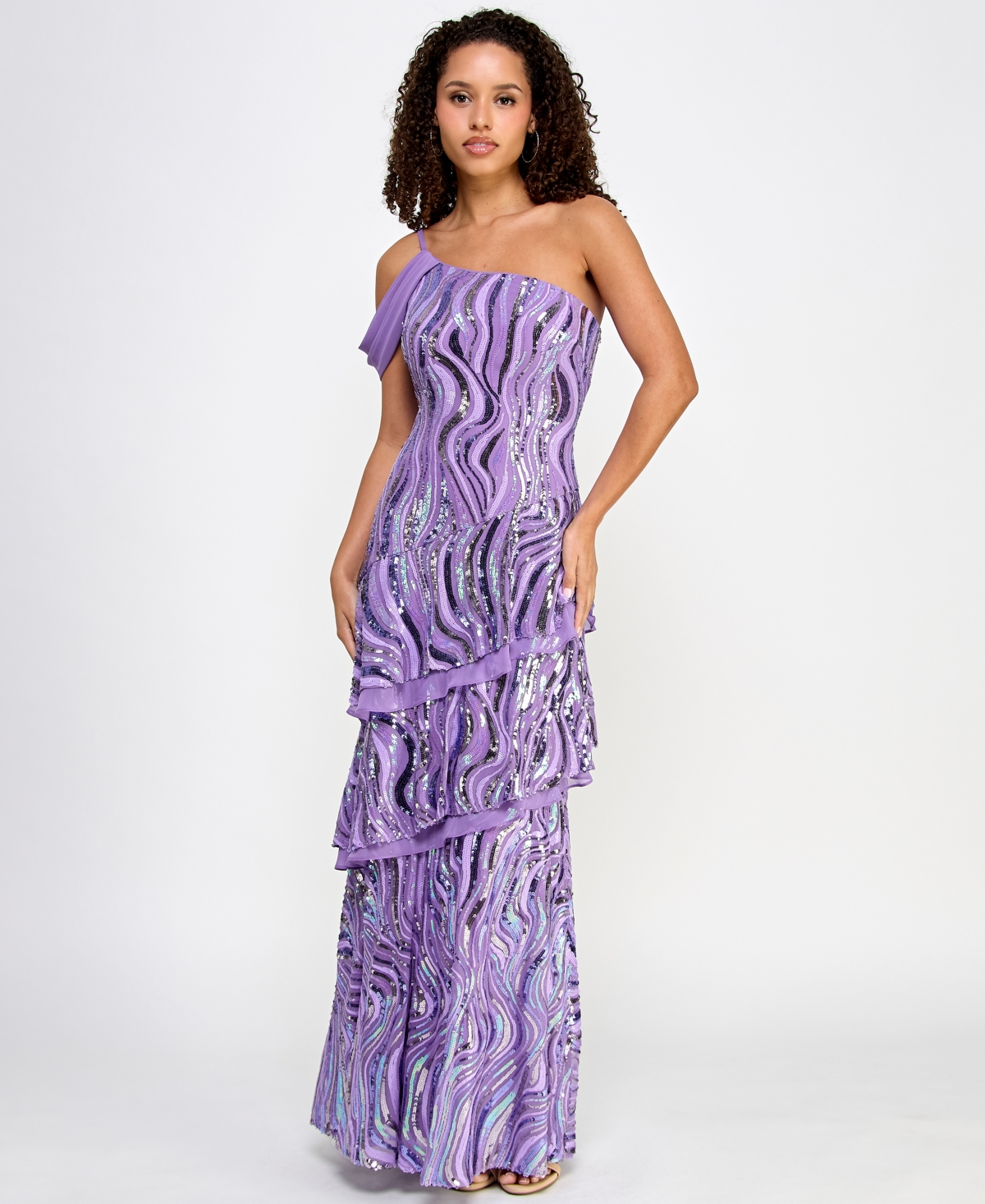 Juniors' Sequin Embellished Tiered Asymmetric Gown - Lavender