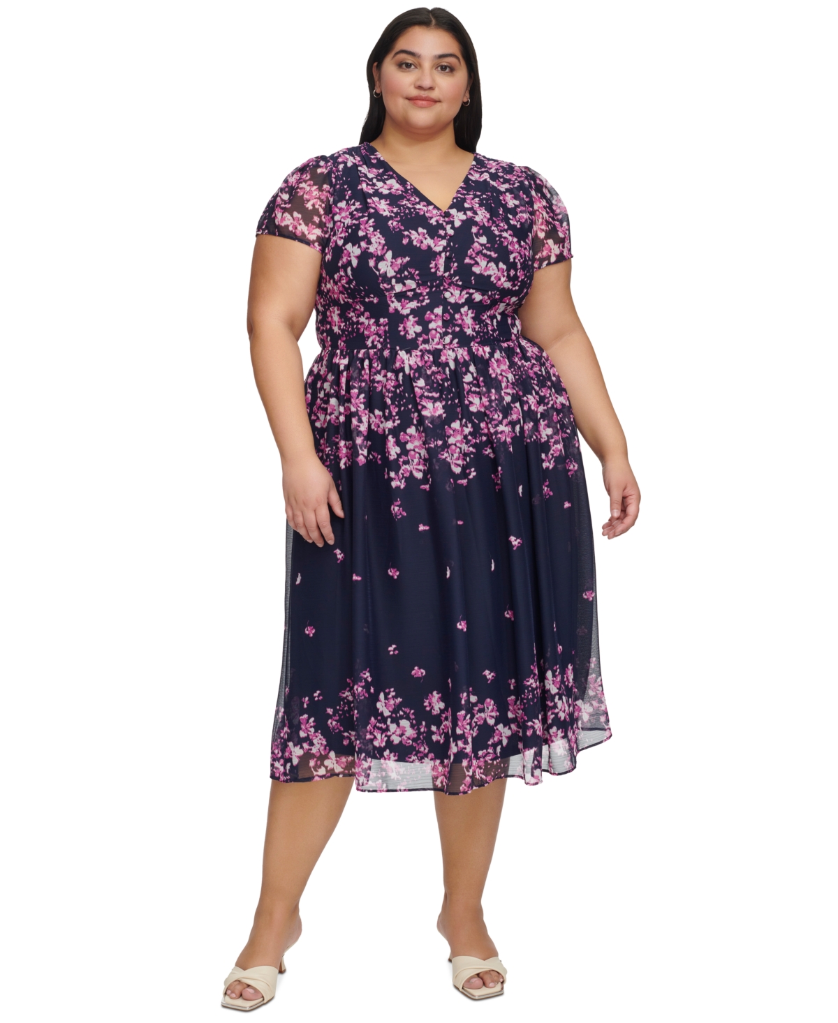 Plus Size Floral Print Cap Sleeve Midi Dress - Navy/Pink