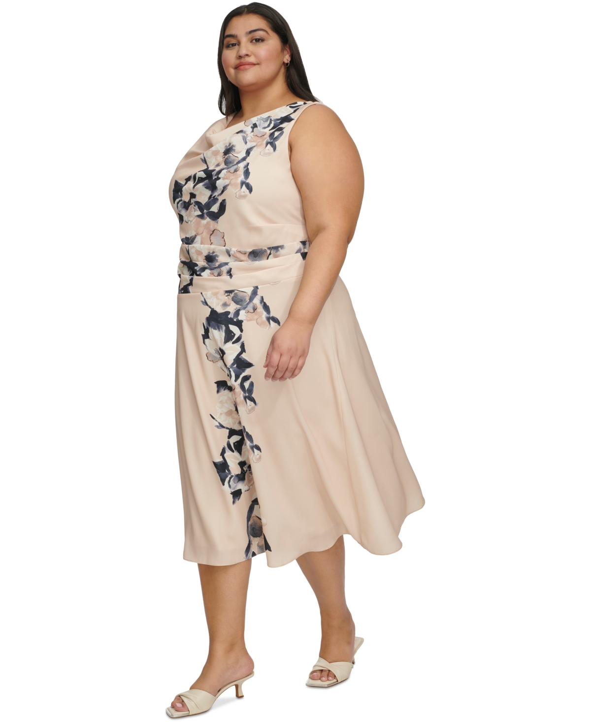 Shop Dkny Plus Size Cowlneck Cascading-floral Midi Dress In Elegant Beige