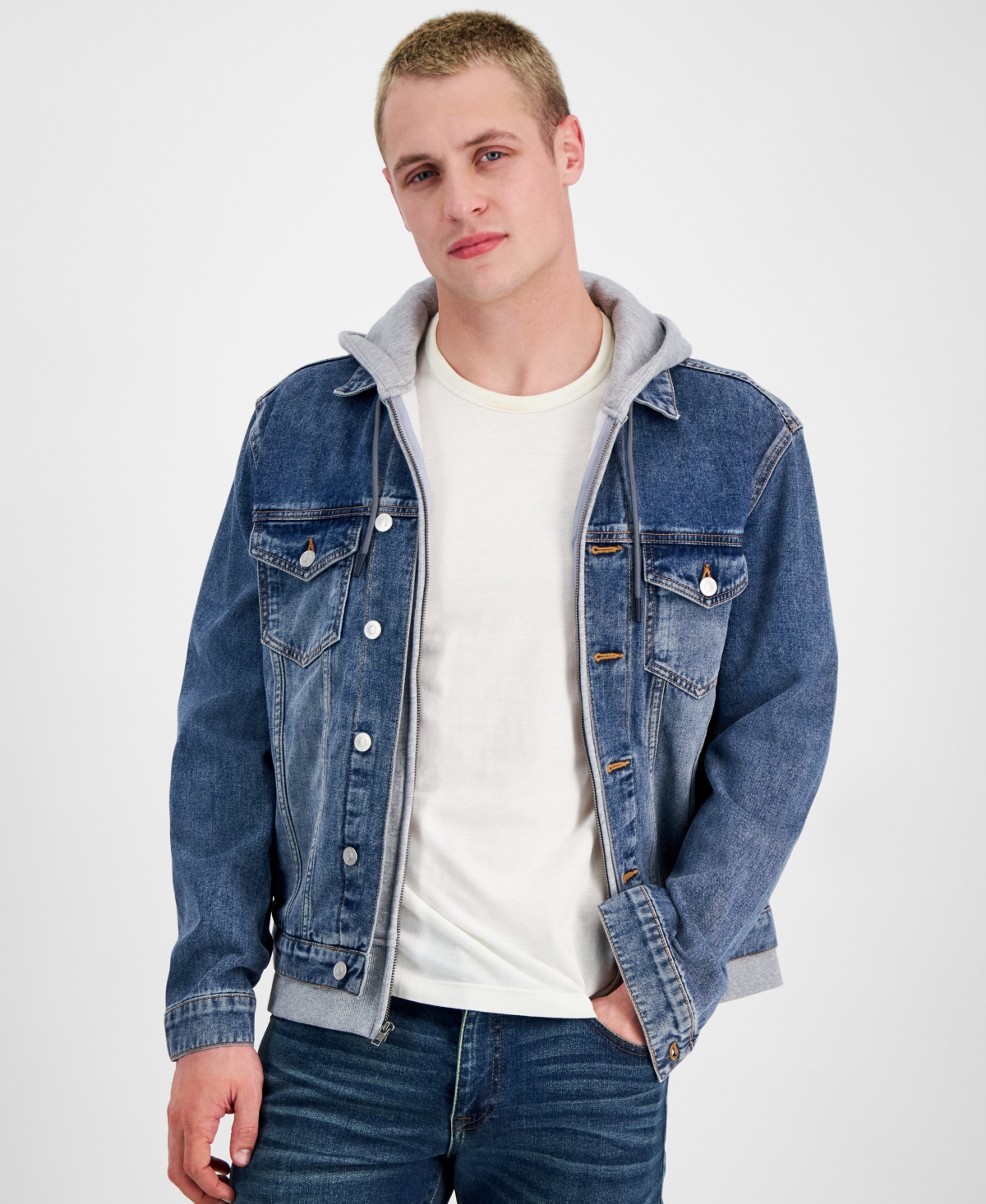 Men's Layered-Look Full-Zip Hooded Denim Utility Jacket, Created for Macy's - Medium Wash