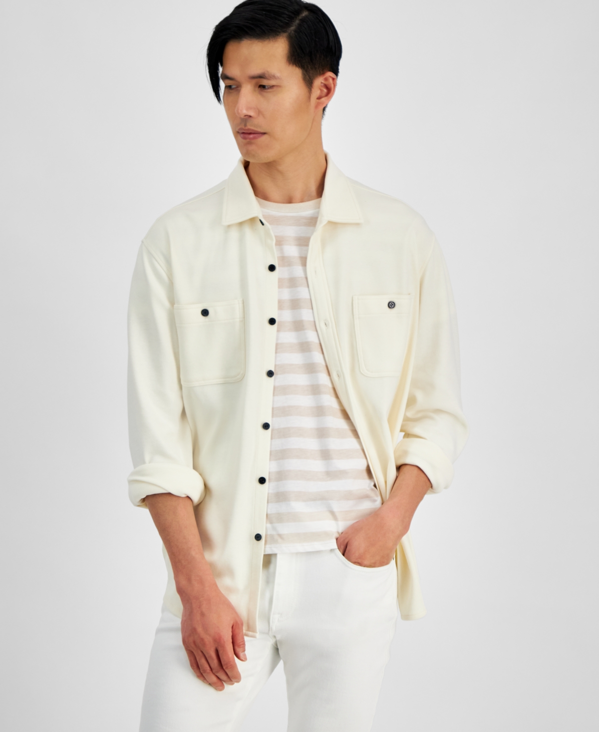 Men's Regular-Fit Jersey-Knit Shirt Jacket, Created for Macy's - Cream