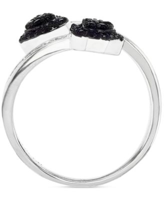 Black Cubic Zirconia Two Heart Bypass Ring in Sterling Silver