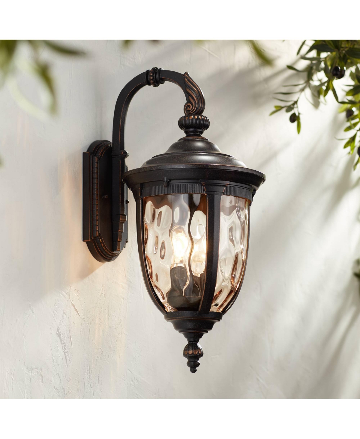 Bellagio Vintage-like Outdoor Wall Light Fixture Bronze Brown Metal 20 1/2" Champagne Hammered Glass Curved Arm for House Porch Patio Outside Deck Gar