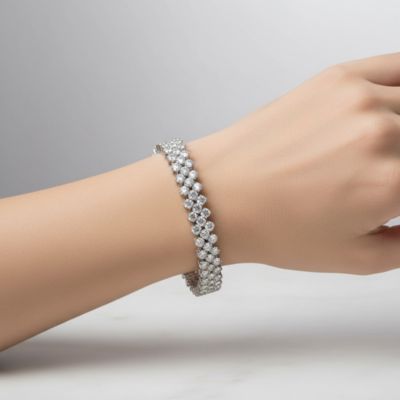  White Gold Plated with Clear Cubic Zirconia Three Row Bracelet