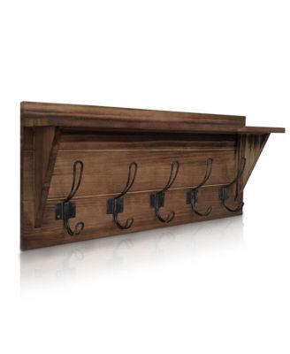 Rustic Wall Mounted Coat Rack Shelf - Wooden Country Style 24" Entryway Shelf With Hooks - Solid Pine Wood - For Entryway, Kitchen, Bathroom