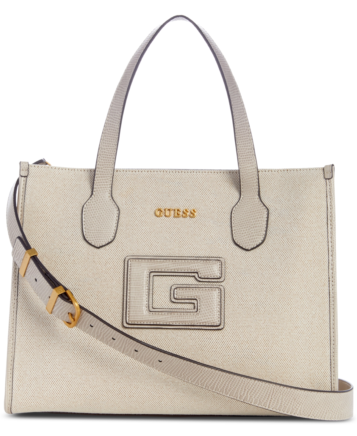Shop Guess G Status 2 Compartment Medium Tote In Natural,taupe