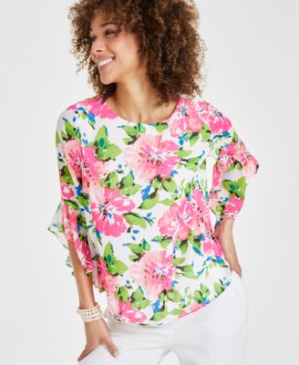 Kasper - Petite Floral-Print Ruffle-Sleeve Blouse