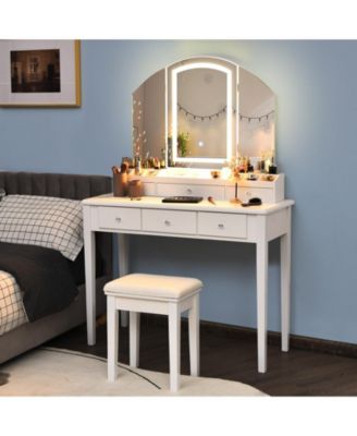 Vanity Table Stool Set with Large Tri-folding Lighted Mirror