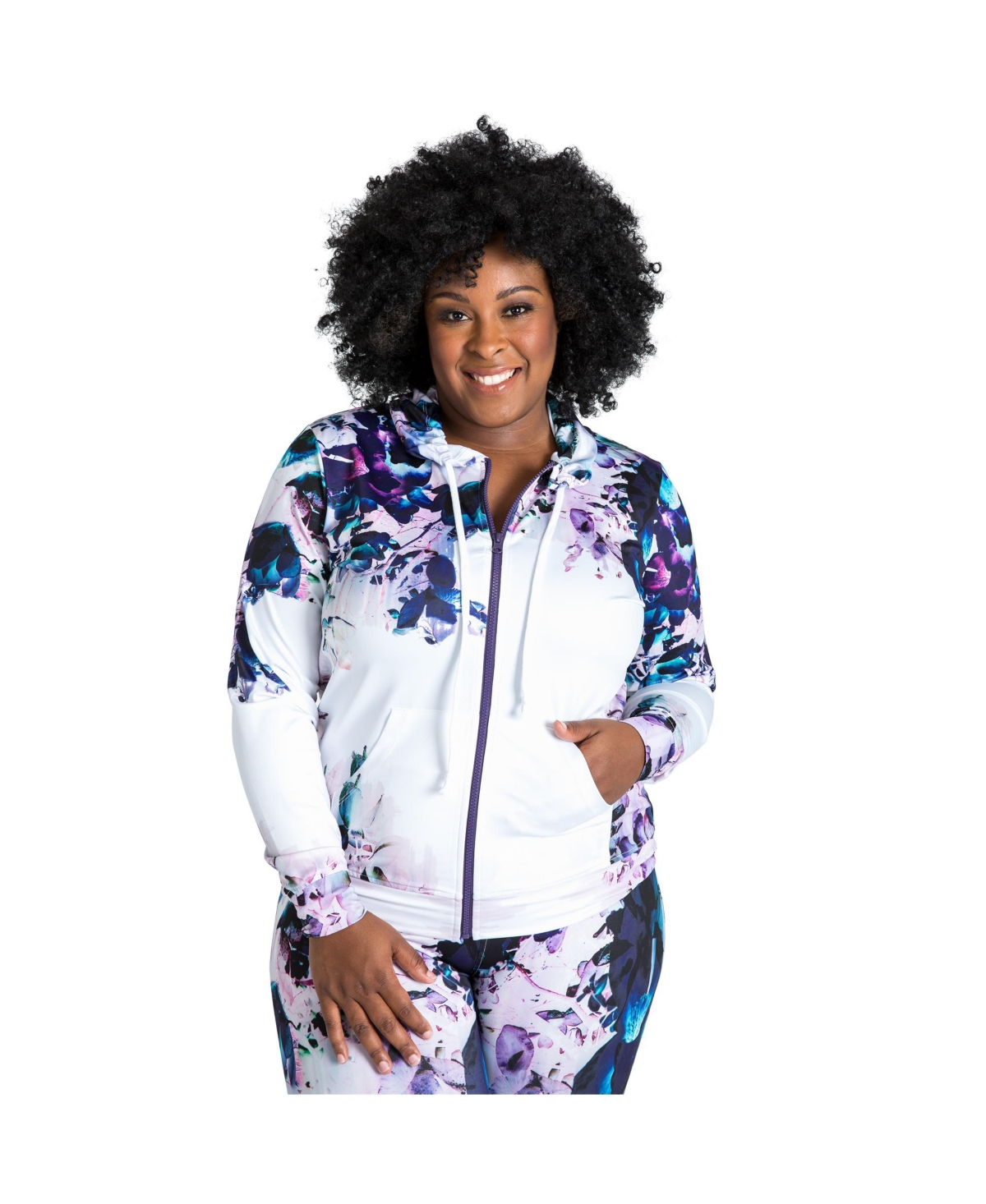 Women's Plus Size Curvy-Fit Zip-Up Floral Print Poly Tricot Hoodie - White floral